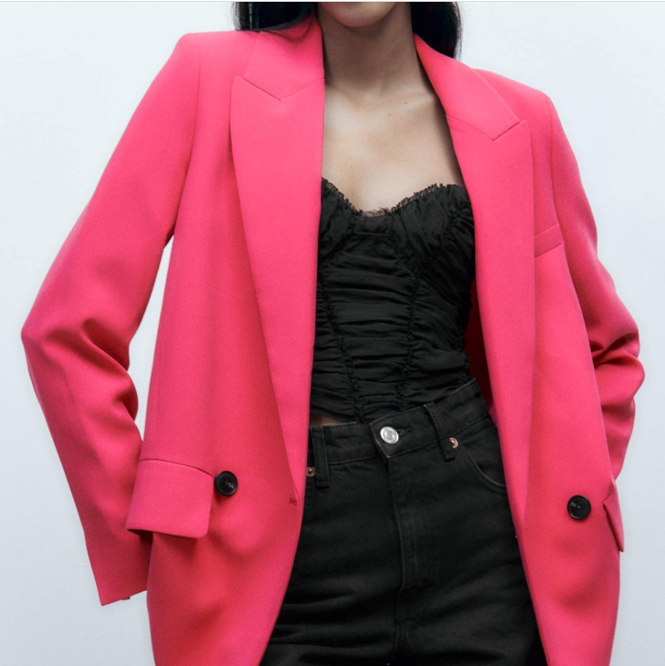 ZARA PINK FUCHSIA DOUBLE-BREASTED LAPEL COLLAR MUSCULINE OVERSIZED LONG BLAZER