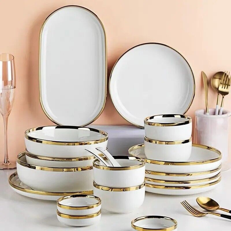 Ceramic Tableware Dinner Set Round White Color With Gold Rim Plates For 1 Person